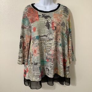 Vintage Y2K Artsy Eclectic Colorful Graphic Newsprint Oversized Shirt Large